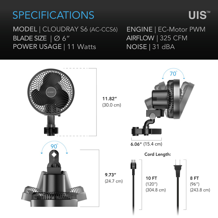 AC Infinity Cloudray S6 Gen 2 Oscillating Clip Fan 12W 10-speed fi 160mm - next-gen clip fan for grow tents - Slika 7