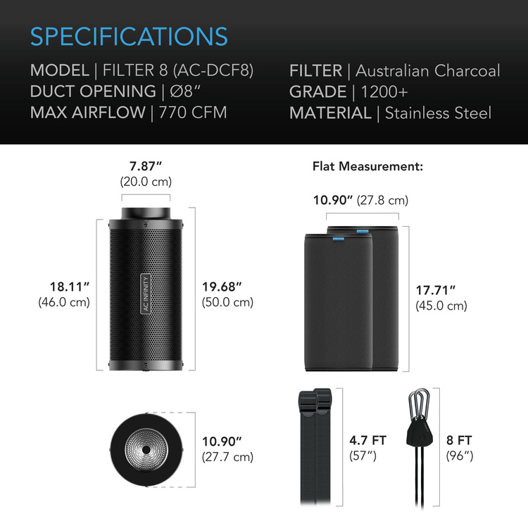 AC Infinity Carbon Filter 8'' 200mm 1300 m/3h australian premium charcoal - Slika 2
