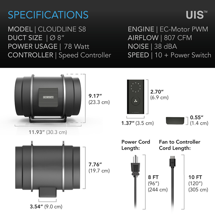 Duct fan AC Infinity CLOUDLINE PRO 200mm 1370m3/h with speed controller - Slika 2